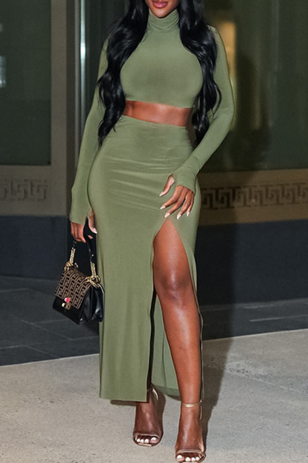 Green Elegant Solid Color Patchwork High Slit Turtleneck Long Sleeve Two Pieces