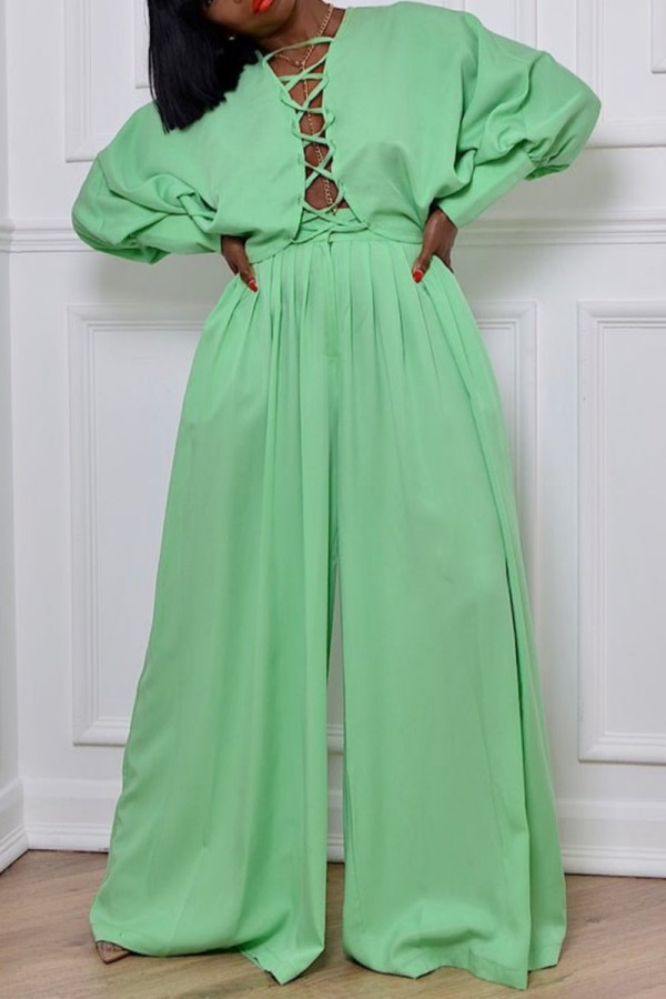 Light Green Casual Solid Color Belted Long Sleeve Two Pieces