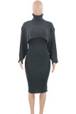 Purple Elegant Solid Patchwork Turtleneck Long Sleeve Two Pieces
