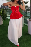 Red White Sexy Buttons Patchwork Backless Strapless Long Dresses