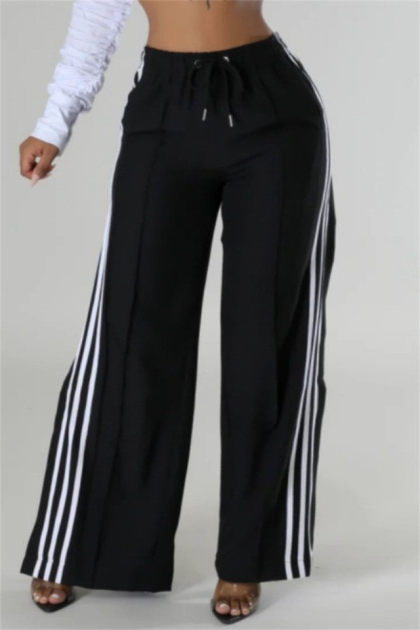 Black Casual Stripe Patchwork Slit Regular High Waist Conventional Patchwork Trousers