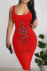 Red Sexy Letters Patchwork U Neck Wrapped Skirt Dresses