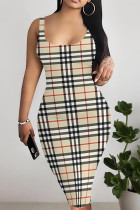 Light Khaki Sexy Plaid Patchwork U Neck Wrapped Skirt Dresses