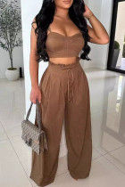 Brown Casual Solid Color Patchwork Backless Ruched Strap Design Spaghetti Strap Sleeveless Two Pieces