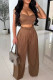 Brown Casual Solid Color Patchwork Backless Ruched Strap Design Spaghetti Strap Sleeveless Two Pieces