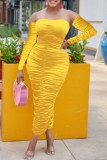 Yellow Sexy Solid Color Backless Ruched Strapless Wrapped Skirt Dresses