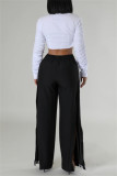 Black Casual Stripe Patchwork Slit Regular High Waist Conventional Patchwork Trousers