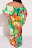 White Casual Print Patchwork Off Shoulder Long Plus Size Dresses