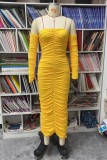 Yellow Sexy Solid Color Backless Ruched Strapless Wrapped Skirt Dresses