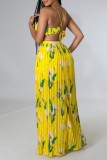 Yellow Sexy Casual Print Backless Ruched Belted Spaghetti Strap Long Dresses