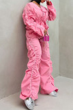 Rose Red Casual Solid Color Ruched V Neck Long Sleeve Two Pieces