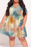 Multicolor Geometric Print Gradient Splashed ink printing Ruffle Contrast V Neck Printed Plus Size Dresses