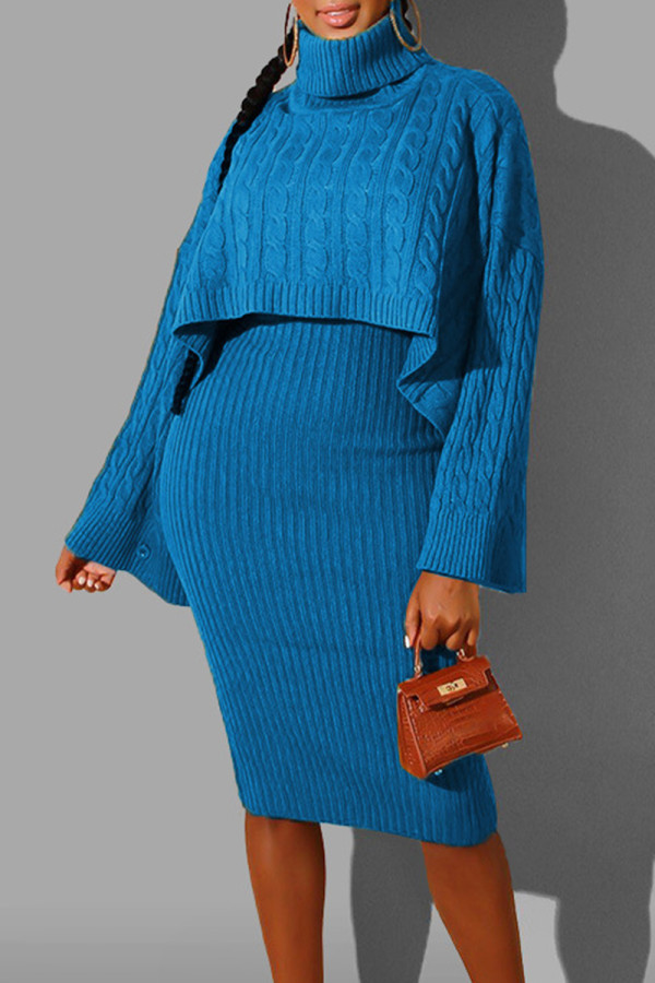 Blue Elegant Solid Color Patchwork Turtleneck Long Sleeve Two Pieces
