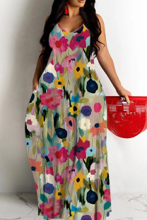 Green Sexy Casual Print Backless Spaghetti Strap Long Dresses