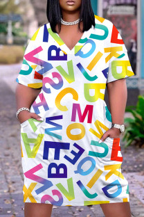 Colour Casual Letter Print Basic V Neck Short Sleeve Plus Size Dresses