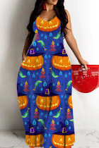 Blue Sexy Casual Print Backless Spaghetti Strap Long Dresses