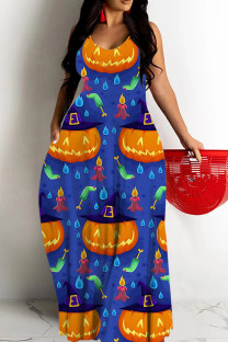 Blue Sexy Casual Print Backless Spaghetti Strap Long Dresses
