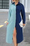 Blue Street Buckle Patchwork Contrast Turndown Collar Long Plus Size Dresses