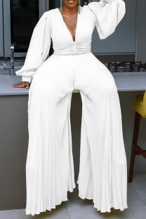White Elegant Solid Color Patchwork Beading Ruched Deep V Neck Loose Jumpsuits