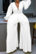 White Elegant Solid Color Patchwork Beading Ruched Deep V Neck Loose Jumpsuits