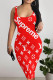 Red Sexy Letters Patchwork U Neck Wrapped Skirt Dresses