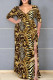 Gold Casual Print Patchwork High Slit Strap Design V Neck Long Plus Size Dresses