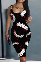 Black Red Casual Print Basic U Neck Vest Dresses