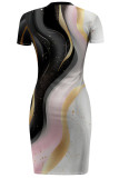 Pink Black Sexy Print Patchwork O Neck Wrapped Skirt Dresses