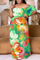 Green Casual Print Patchwork Off Shoulder Long Plus Size Dresses