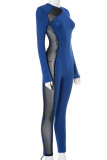 Blue Casual Patchwork See-Through Zipper Contrast O Neck Skinny Jumpsuits