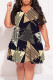 Black Geometric Print Gradient Splashed ink printing Ruffle Contrast V Neck Printed Plus Size Dresses