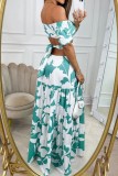 Blue Casual Print Hollow Out Backless Off Shoulder Long Dresses