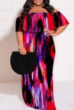 White Casual Print Patchwork Off Shoulder Long Plus Size Dresses