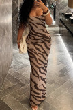 khaki Brown Elegant Stripe Patchwork Backless Spaghetti Strap Sling Dresses