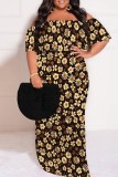 White Casual Print Patchwork Off Shoulder Long Plus Size Dresses