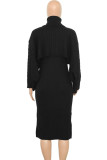 Pink Elegant Solid Color Patchwork Turtleneck Long Sleeve Two Pieces