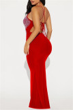 Red Sexy Formal Solid Color Backless Slit Hot Drill Spaghetti Strap Long Dresses