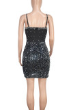 Black Sexy Sequins Patchwork Backless Zipper Spaghetti Strap Sling Dresses
