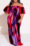 White Casual Print Patchwork Off Shoulder Long Plus Size Dresses