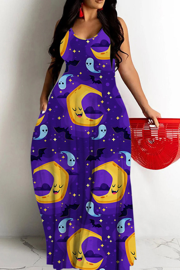 Blue Purple Sexy Casual Print Backless Spaghetti Strap Long Dresses