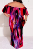 White Casual Print Patchwork Off Shoulder Long Plus Size Dresses