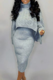 Pink Elegant Solid Color Patchwork Turtleneck Long Sleeve Two Pieces