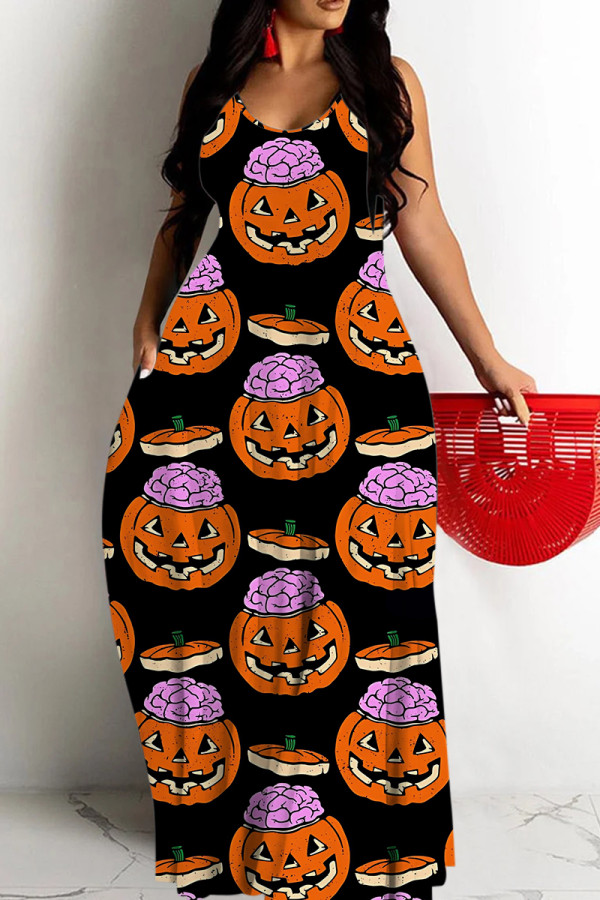 Black Sexy Casual Print Backless Spaghetti Strap Long Dresses