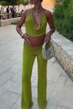 Green Sexy Hot Solid Color Backless Halter Sleeveless Two Pieces