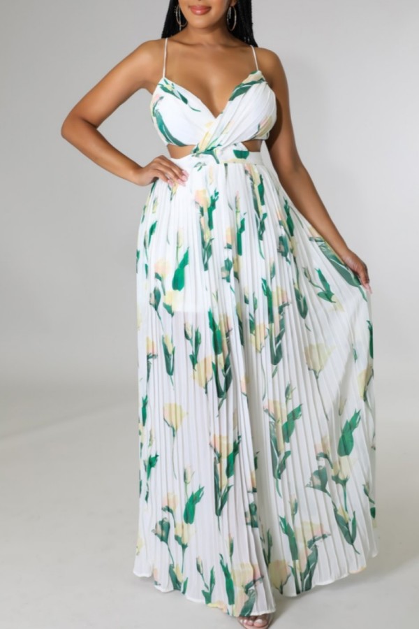White Sexy Casual Print Backless Ruched Belted Spaghetti Strap Long Dresses