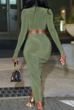 Green Elegant Solid Color Patchwork High Slit Turtleneck Long Sleeve Two Pieces