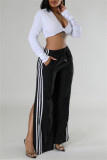 Black Casual Stripe Patchwork Slit Regular High Waist Conventional Patchwork Trousers