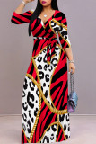 The cowboy blue Casual Street Leopard Print Zebra Print Chain print Lace Up Contrast V Neck Printed Dresses