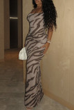 khaki Brown Elegant Stripe Patchwork Backless Spaghetti Strap Sling Dresses