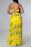 Yellow Sexy Casual Print Backless Ruched Belted Spaghetti Strap Long Dresses